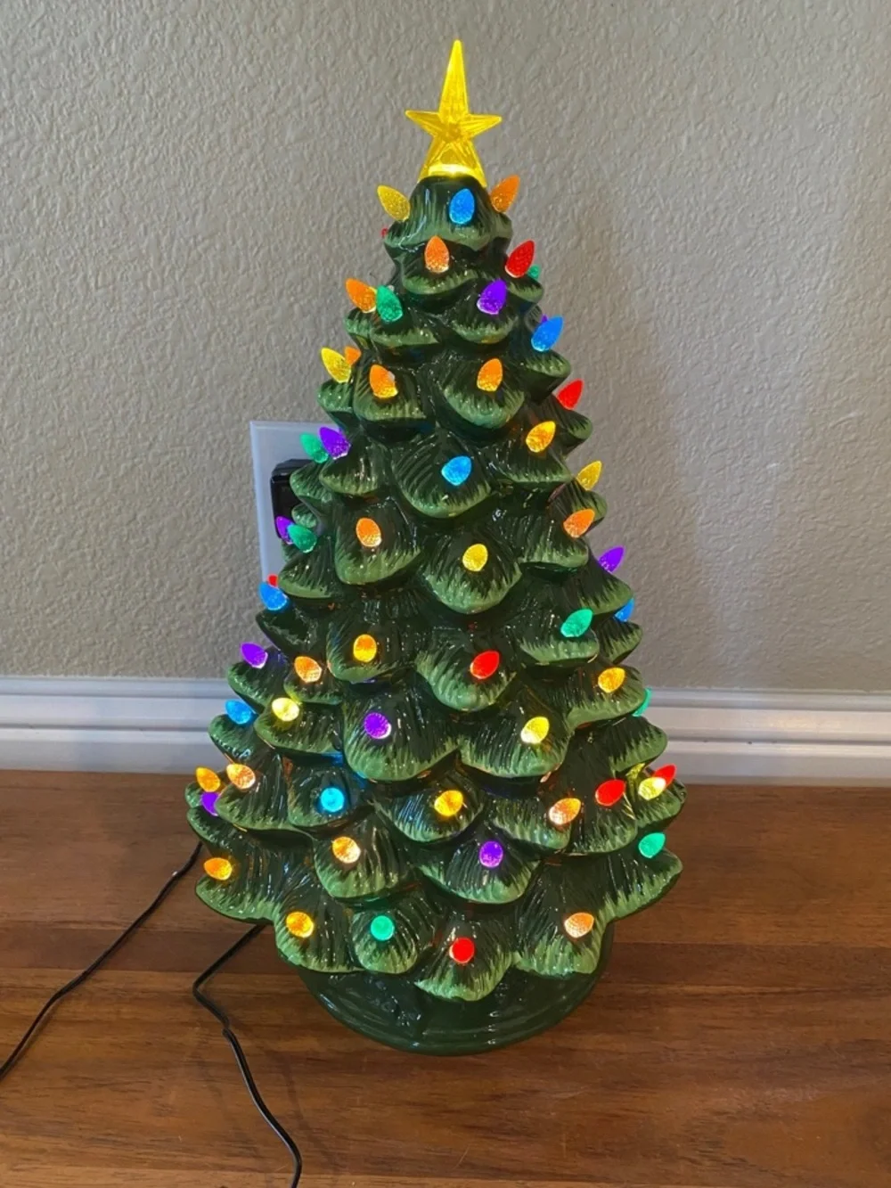 Vintage Green Ceramic Light-Up Christmas Tree with Multicolor Bulbs